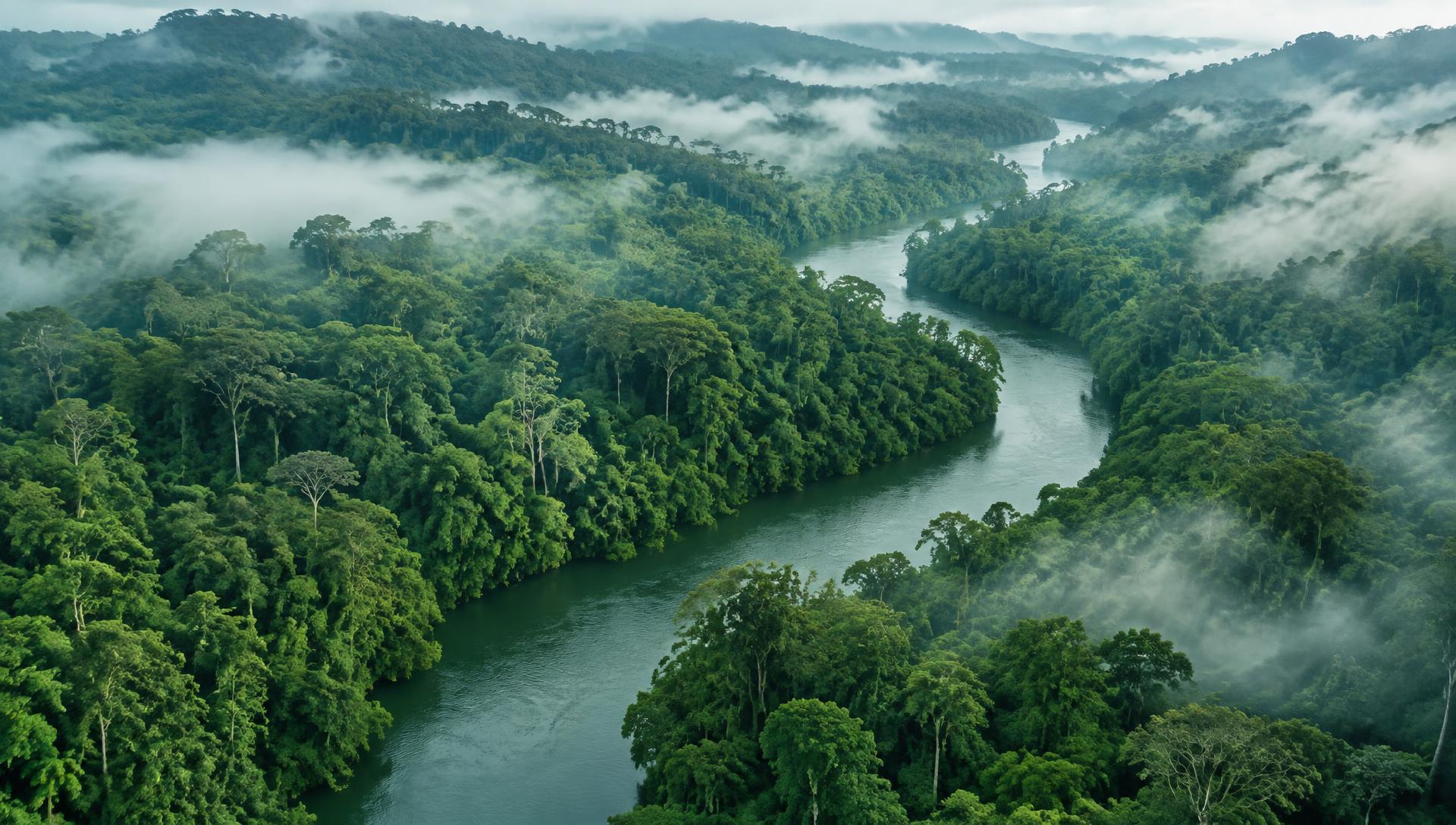 Aerial view of a misty rainforest canopy with a river winding through it
